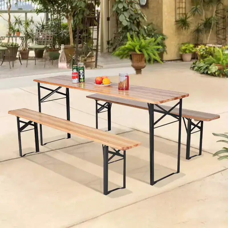 Ensemble table de pique-nique pliante en bois 3 pièces - WELLFOR : Fer et bois de sapin, portable, résistant à la rouille
