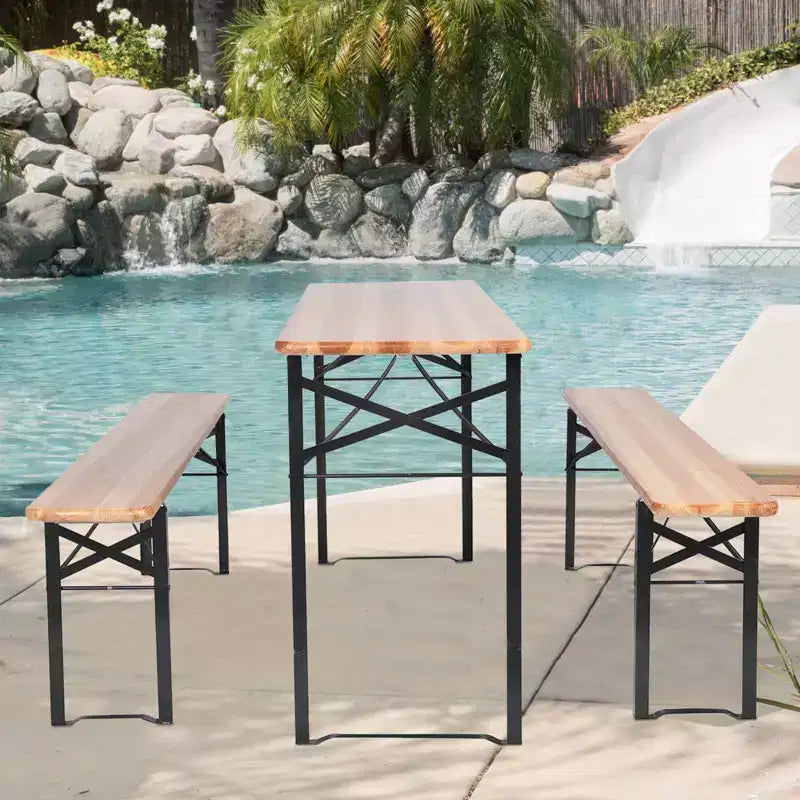 Ensemble table de pique-nique pliante en bois 3 pièces - WELLFOR : Fer et bois de sapin, portable, résistant à la rouille