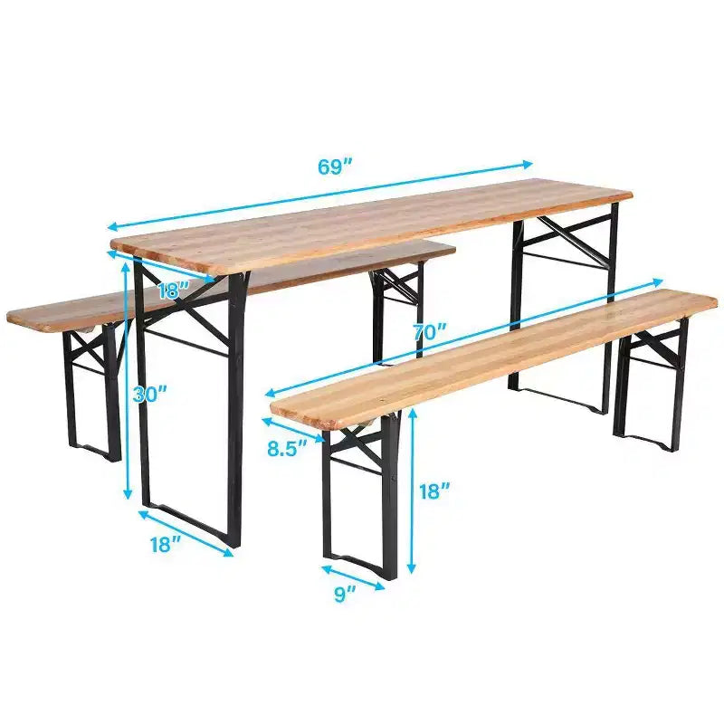 Ensemble table de pique-nique pliante en bois 3 pièces - WELLFOR : Fer et bois de sapin, portable, résistant à la rouille
