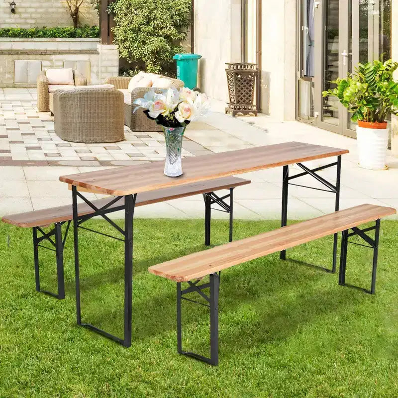 Ensemble table de pique-nique pliante en bois 3 pièces - WELLFOR : Fer et bois de sapin, portable, résistant à la rouille