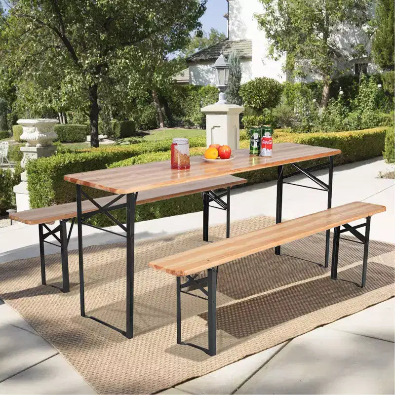 Ensemble table de pique-nique pliante en bois 3 pièces - WELLFOR : Fer et bois de sapin, portable, résistant à la rouille