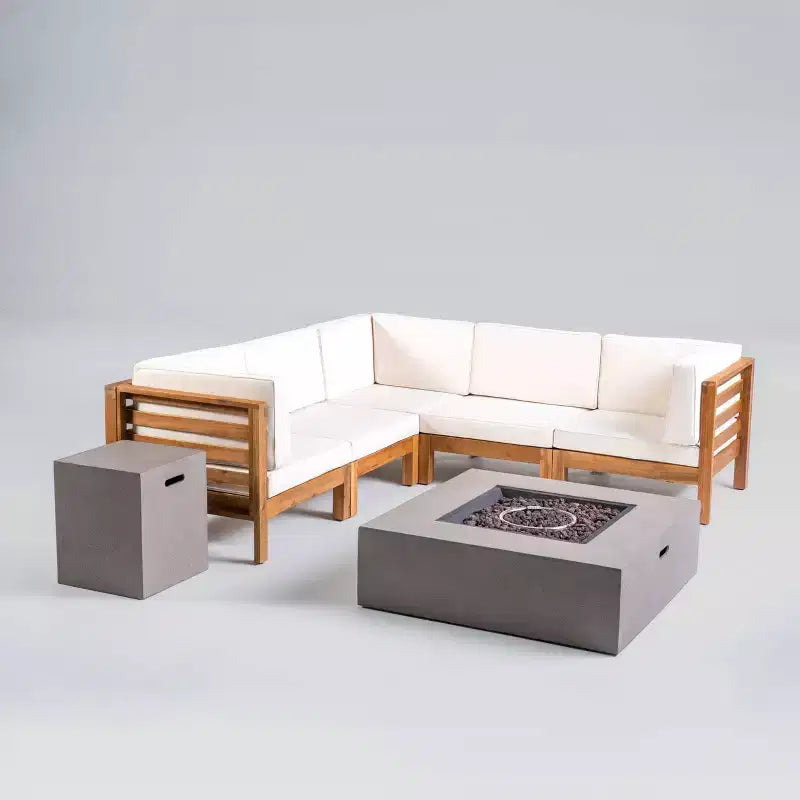 Oana, ensemble de canapés modulaires en V en acacia 7 pièces avec brasero - Teck/Beige/Gris clair - Christopher Knight Home