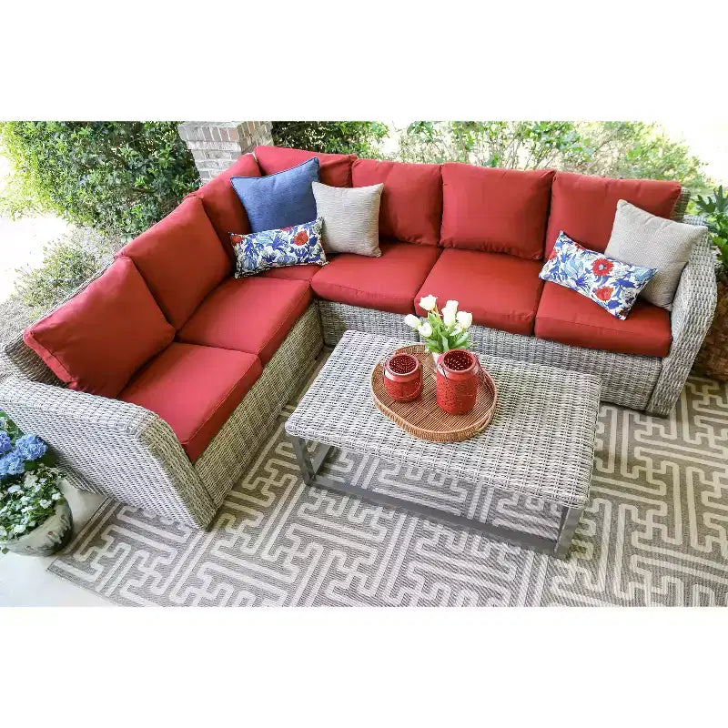Canapé d'angle en osier 5 pièces Leisure Made Forsyth avec tissu rouge