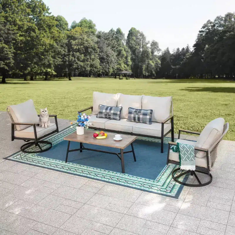 Captiva Designs Ensemble de conversation 4 pièces 5 places pour terrasse extérieure avec canapé et chaises pivotantes en rotin tressé de corde