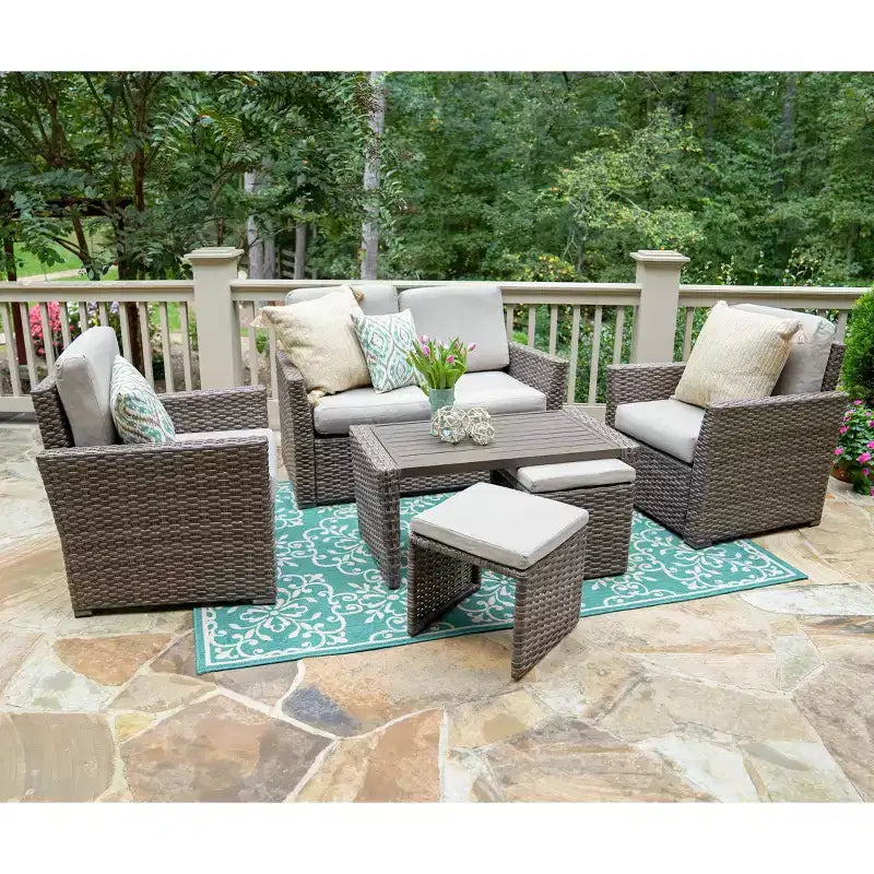 Salon de jardin 6 places en osier Newton Leisure Made avec coussins en tissu beige