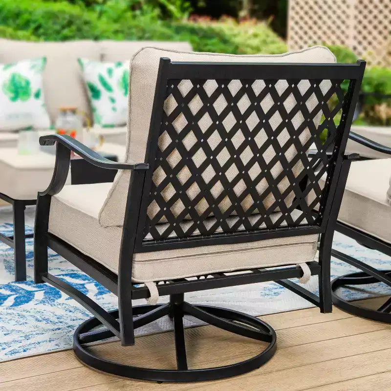 Captiva Designs Ensemble d'extérieur 5 pièces XL en métal, chaises pivotantes à dossier grille avec foyer beige