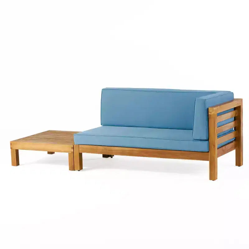 2pk Oana Outdoor Acacia Wood Right Arm Loveseat & Coffee Table with Cushion Teak/Blue - Christopher Knight Home