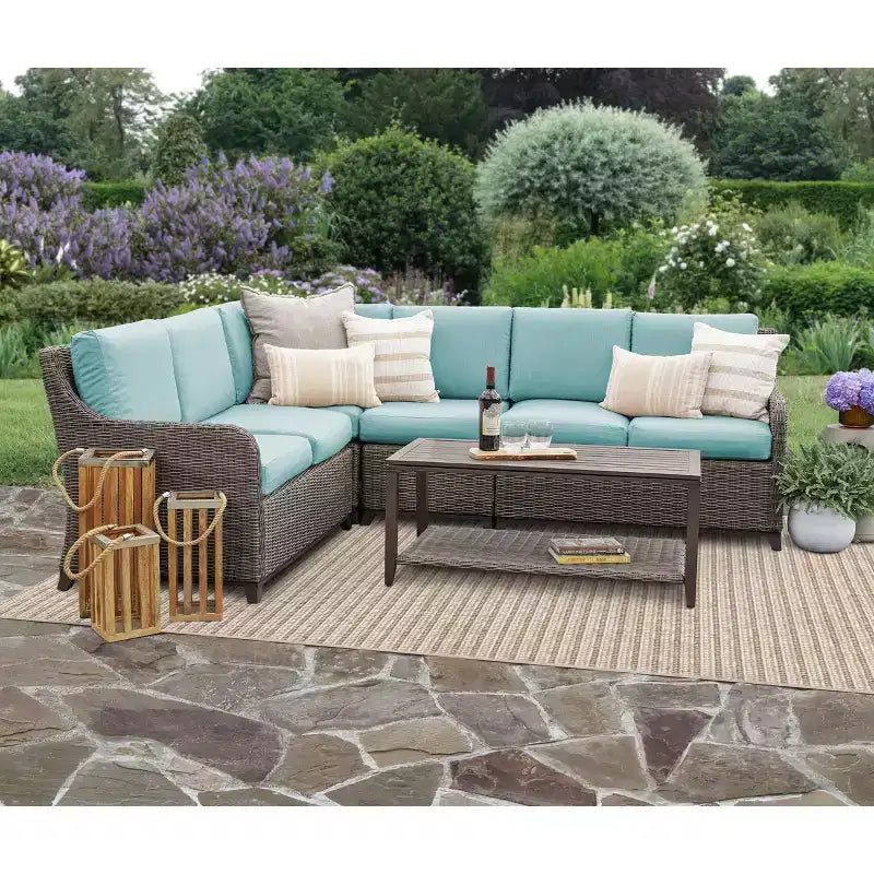 Leisure Made Canapé d'angle en osier 5 pièces Mitchell avec tissu bleu pâle