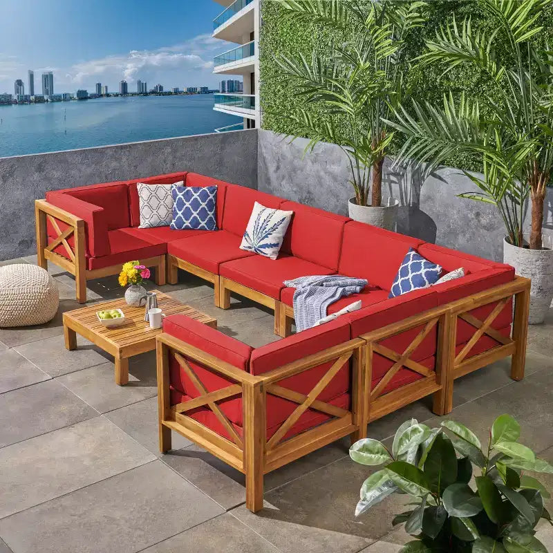 Christopher Knight Home Brava Canapé d'angle d'extérieur 8 places en bois d'acacia avec coussins