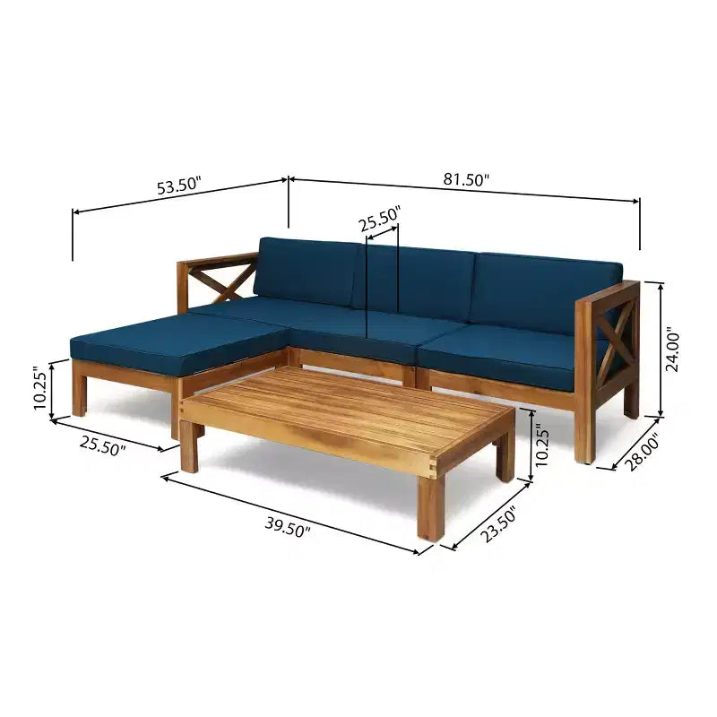 GDFStudio Allaire Canapé sectionnel 3 places en bois d'acacia avec pouf