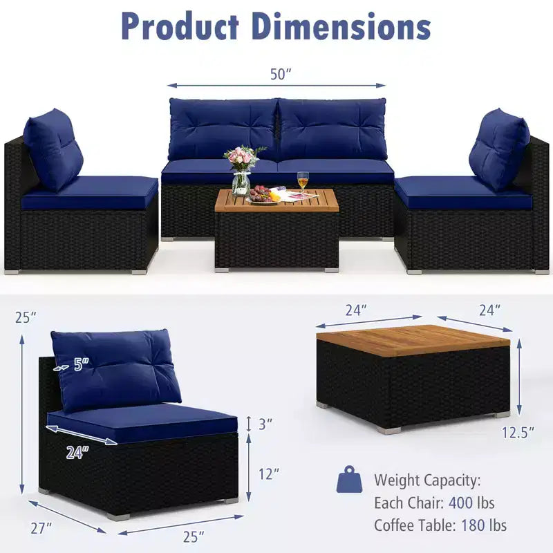 Ensemble de meubles d'extérieur Costway 5 pièces avec coussins d'assise et de dossier Plateau en bois d'acacia Bleu/Noir