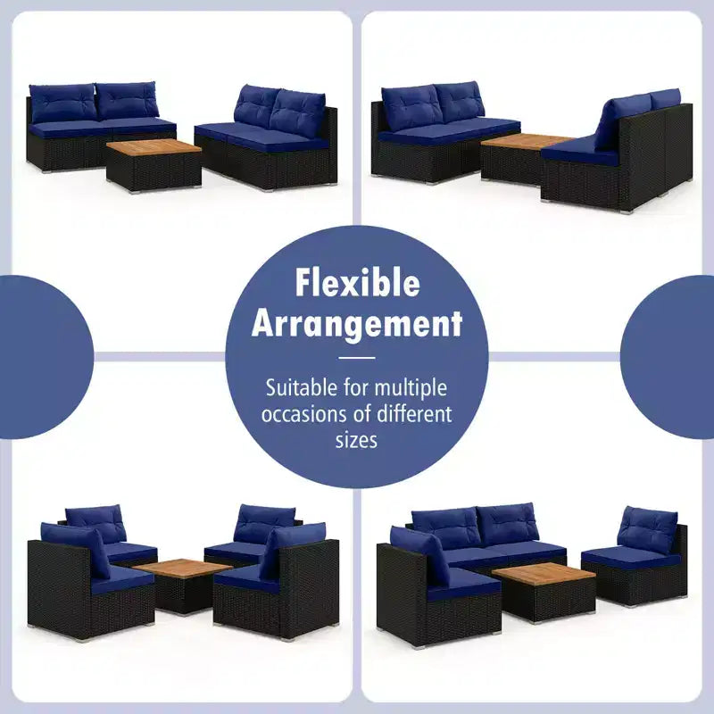 Ensemble de meubles d'extérieur Costway 5 pièces avec coussins d'assise et de dossier Plateau en bois d'acacia Bleu/Noir
