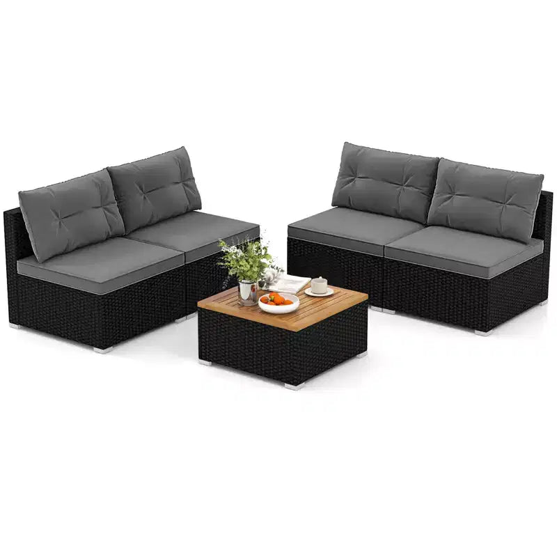 Ensemble de meubles d'extérieur Costway 5 pièces avec coussins d'assise et de dossier Plateau en bois d'acacia Bleu/Noir