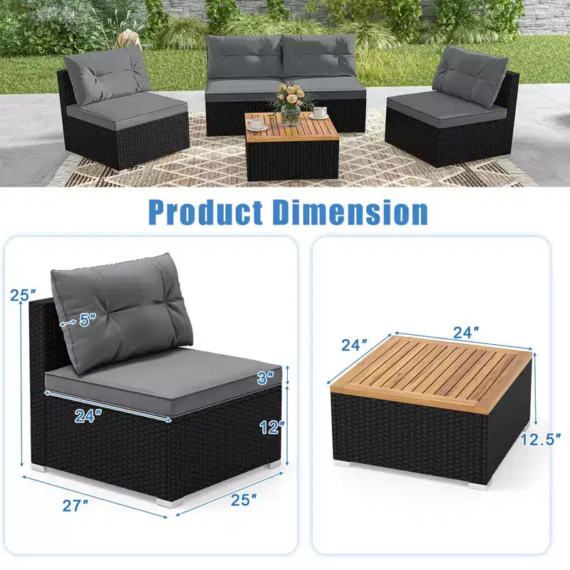 Ensemble de meubles d'extérieur Costway 5 pièces avec coussins d'assise et de dossier Plateau en bois d'acacia Bleu/Noir