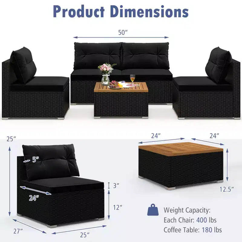 Ensemble de meubles d'extérieur Costway 5 pièces avec coussins d'assise et de dossier Plateau en bois d'acacia Bleu/Noir