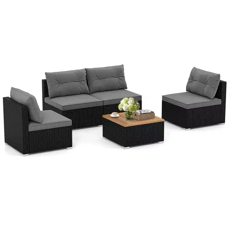 Ensemble de meubles d'extérieur Costway 5 pièces avec coussins d'assise et de dossier Plateau en bois d'acacia Bleu/Noir