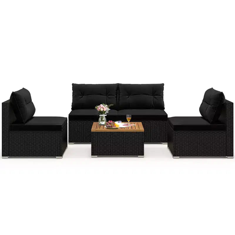 Ensemble de meubles d'extérieur Costway 5 pièces avec coussins d'assise et de dossier Plateau en bois d'acacia Bleu/Noir