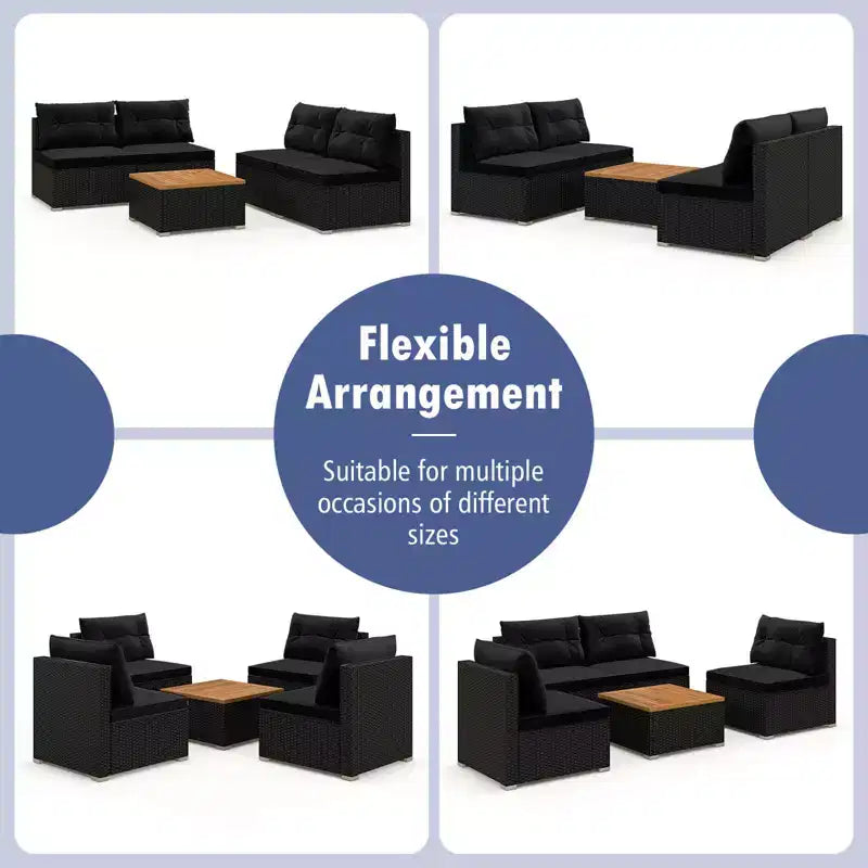 Ensemble de meubles d'extérieur Costway 5 pièces avec coussins d'assise et de dossier Plateau en bois d'acacia Bleu/Noir