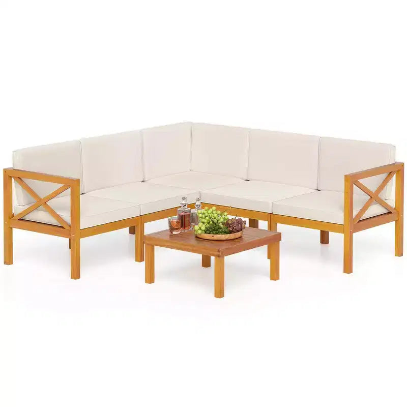 Costway Salon de jardin 6 pièces en bois d'acacia avec coussins et table basse pour jardin