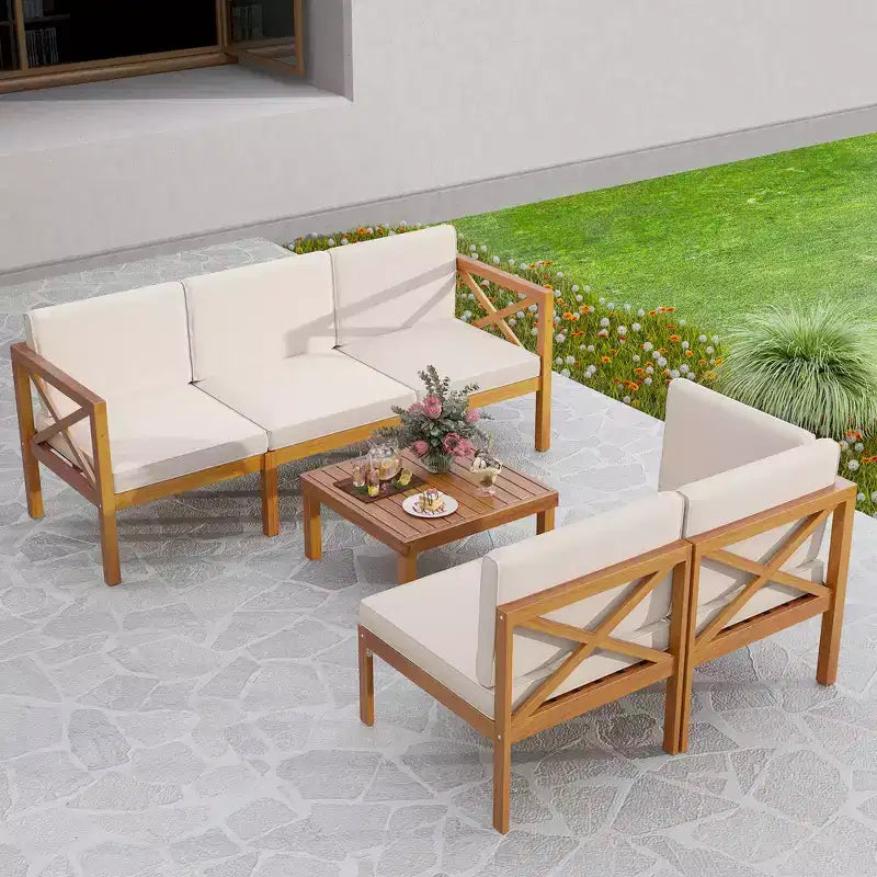 Costway Salon de jardin 6 pièces en bois d'acacia avec coussins et table basse pour jardin