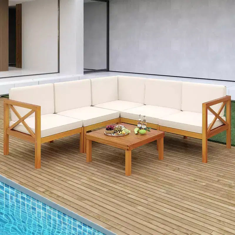 Costway Salon de jardin 6 pièces en bois d'acacia avec coussins et table basse pour jardin