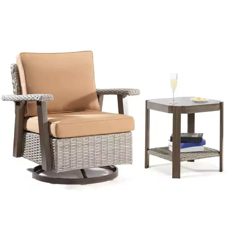 Fauteuil à bascule d'extérieur en osier de polyéthylène (PE) UPTIOT avec coussins