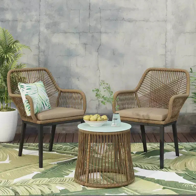GDFStudio Fromberg, ensemble de conversation extérieur 3 pièces en osier avec coussins, brun clair/beige