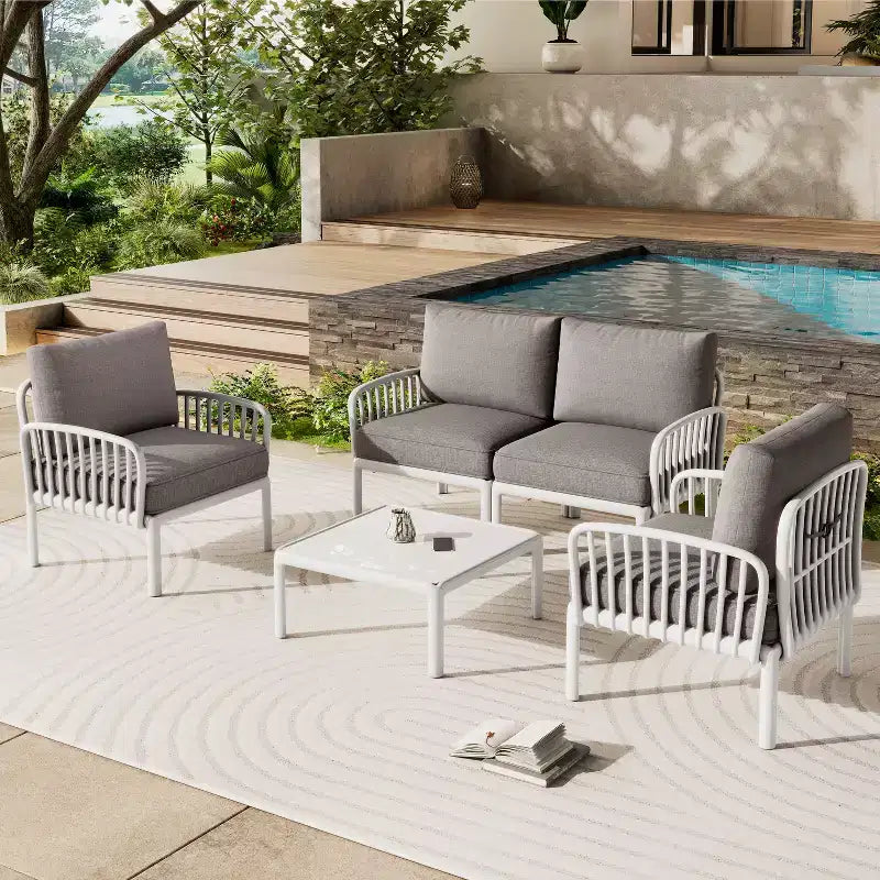 Christopher Knight Home Leah Ensembles de conversation d'extérieur 4 places en plastique et verre avec coussins