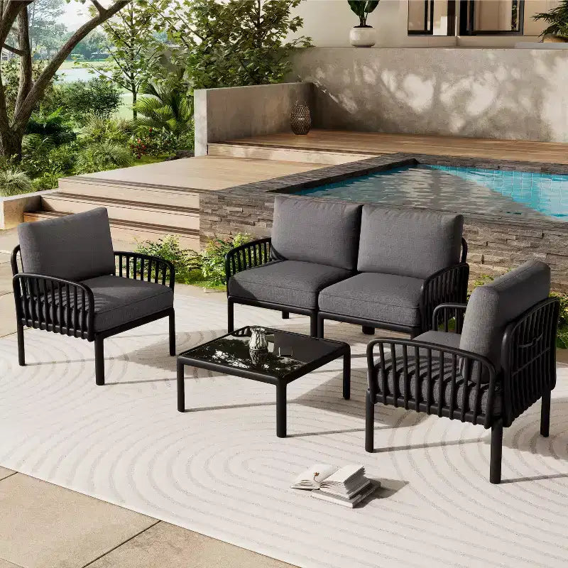 Christopher Knight Home Leah Ensembles de conversation d'extérieur 4 places en plastique et verre avec coussins