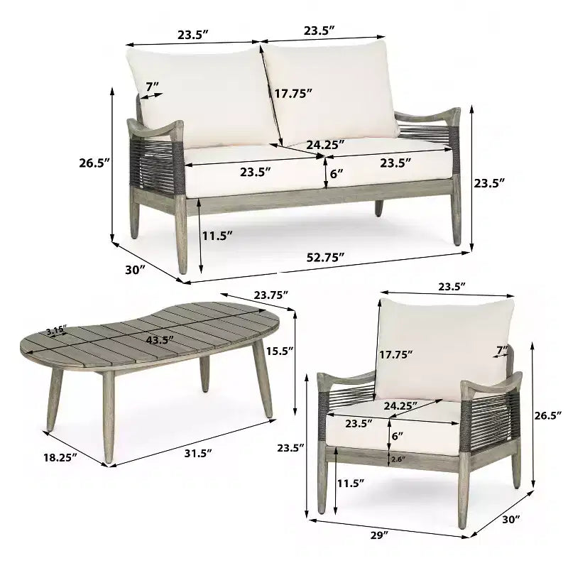 Christopher Knight Home Abell Ensemble de 4 fauteuils rembourrés d'extérieur en corde tressée et bois d'acacia