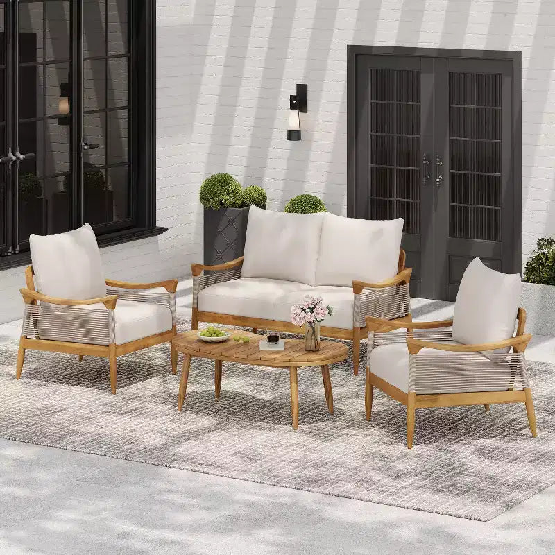 Christopher Knight Home Abell Ensemble de 4 fauteuils rembourrés d'extérieur en corde tressée et bois d'acacia