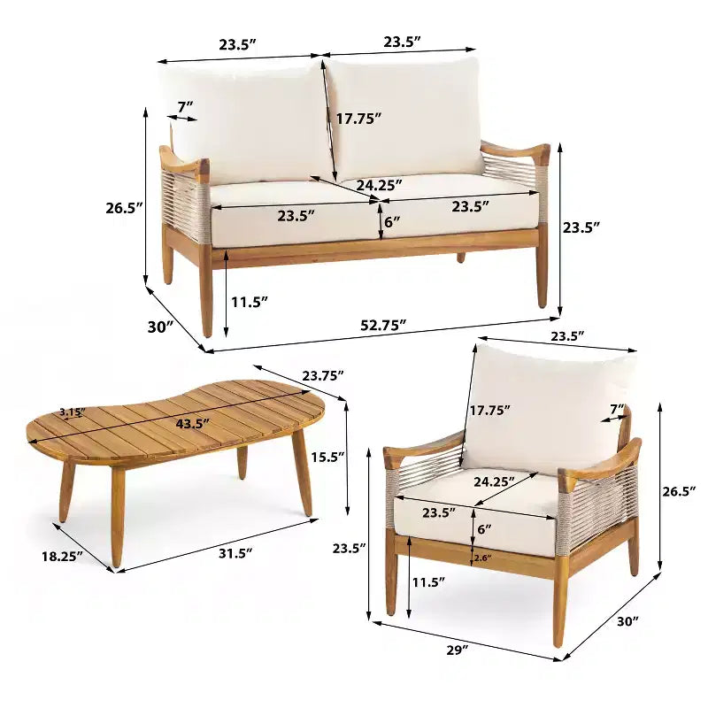 Christopher Knight Home Abell Ensemble de 4 fauteuils rembourrés d'extérieur en corde tressée et bois d'acacia