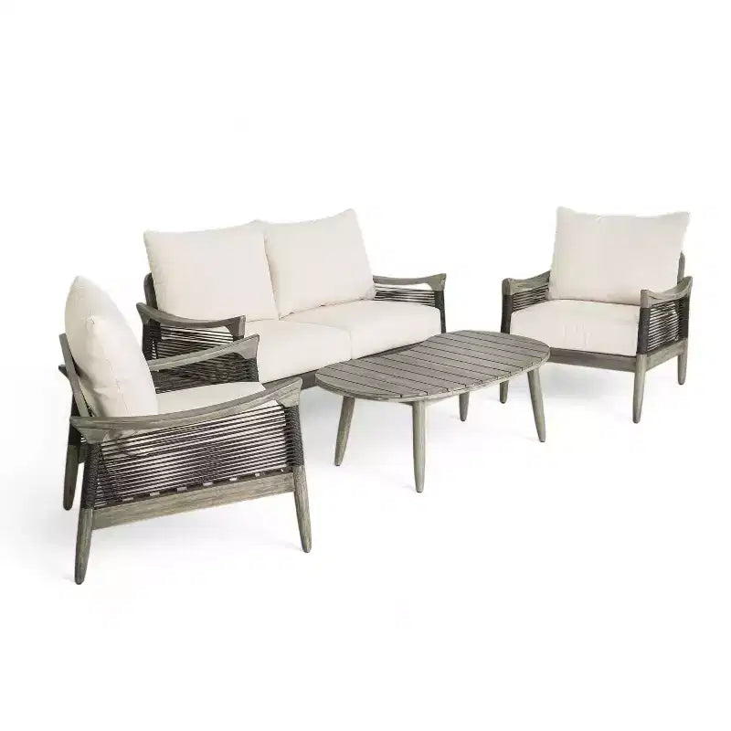 Christopher Knight Home Abell Ensemble de 4 fauteuils rembourrés d'extérieur en corde tressée et bois d'acacia