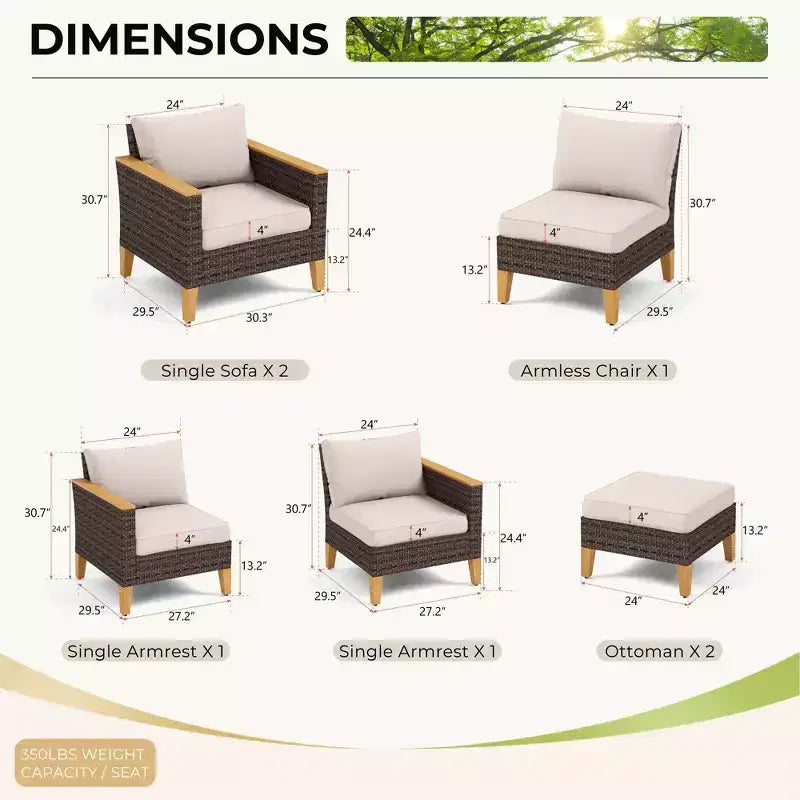 Captiva Designs Salon de jardin en rotin 7 pièces avec pouf rembourré