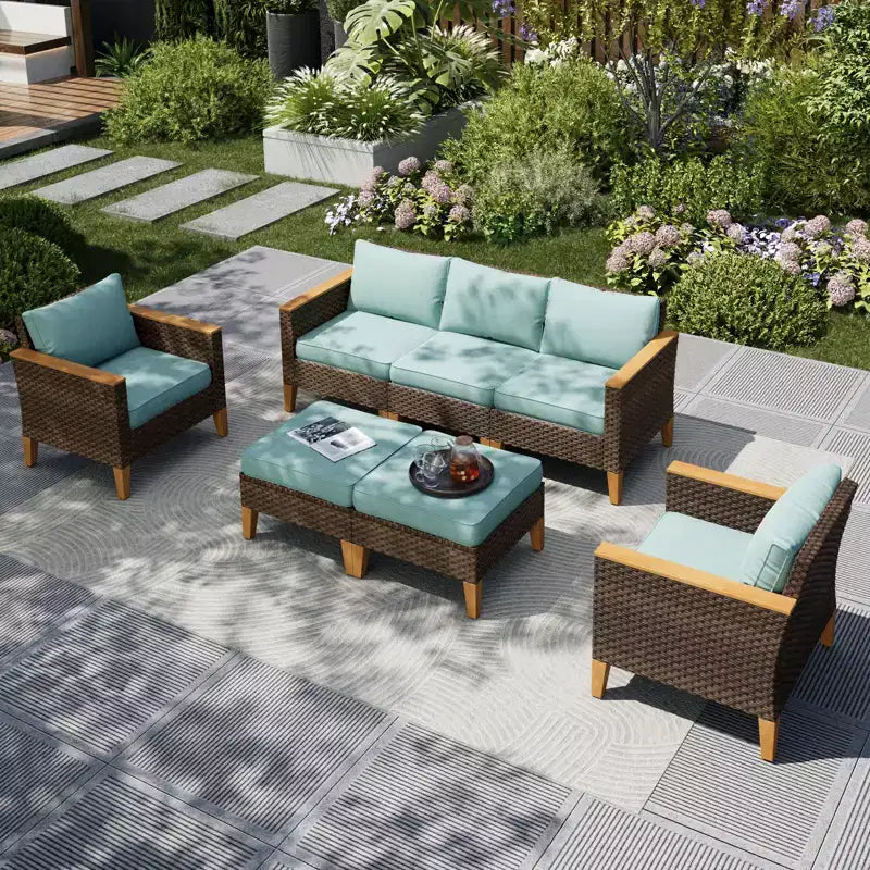 Captiva Designs Salon de jardin en rotin 7 pièces avec pouf rembourré