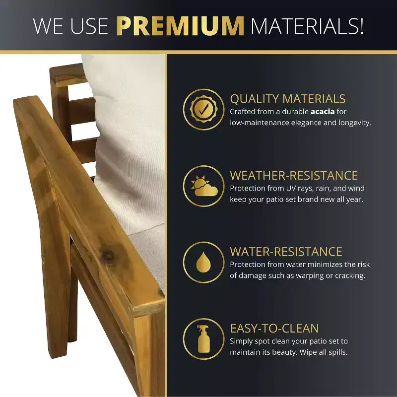 Kinger Home Trena, ensemble de 4 meubles de patio en bois d'acacia avec coussins, mobilier de patio extérieur élégant