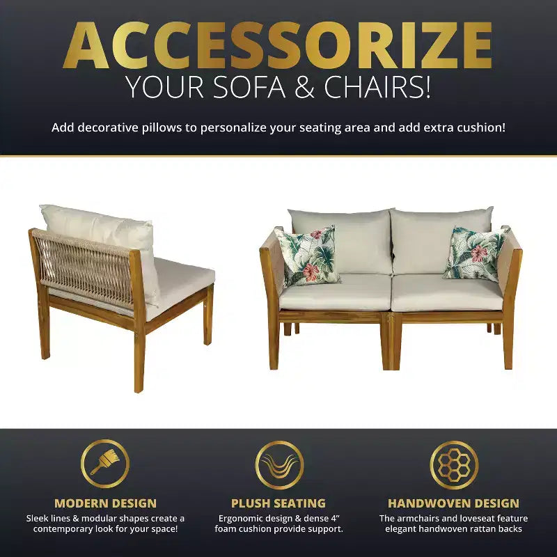 Kinger Home Trena, ensemble de 4 meubles de patio en bois d'acacia avec coussins, mobilier de patio extérieur élégant
