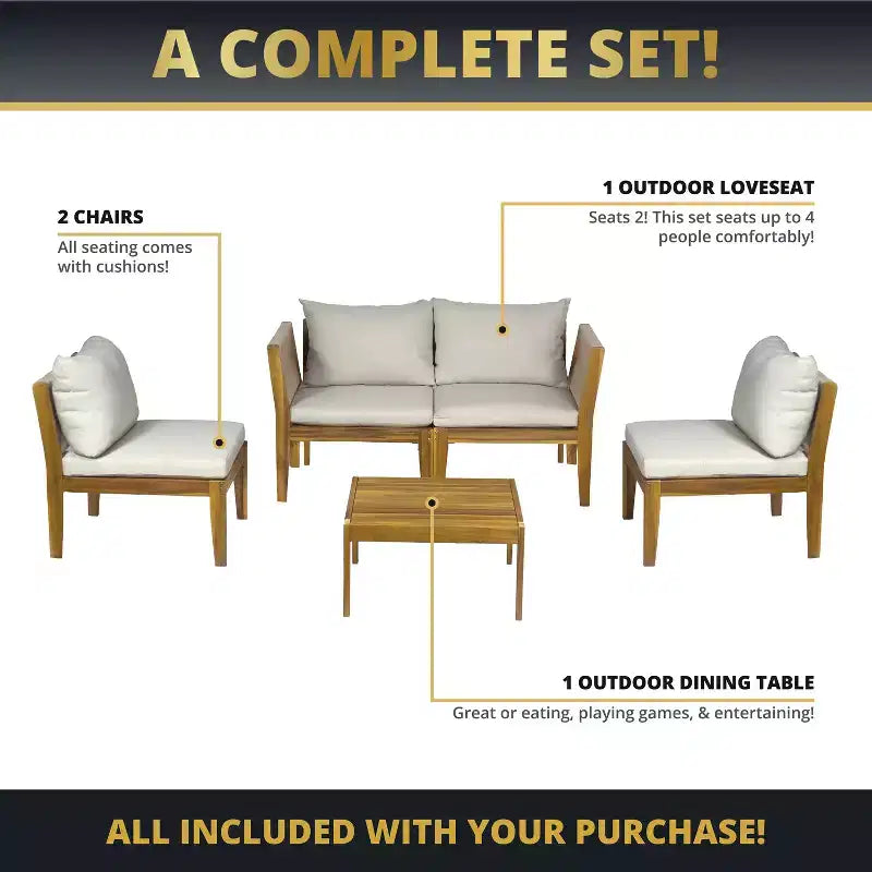Kinger Home Trena, ensemble de 4 meubles de patio en bois d'acacia avec coussins, mobilier de patio extérieur élégant