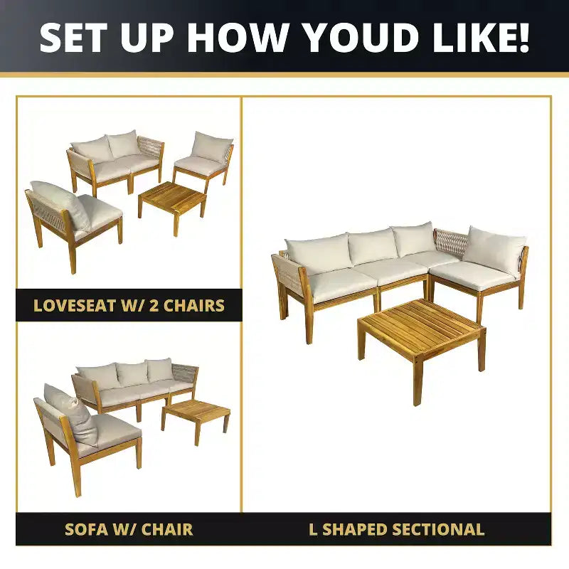 Kinger Home Trena, ensemble de 4 meubles de patio en bois d'acacia avec coussins, mobilier de patio extérieur élégant