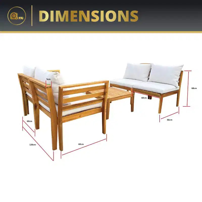 Kinger Home Trena, ensemble de 4 meubles de patio en bois d'acacia avec coussins, mobilier de patio extérieur élégant