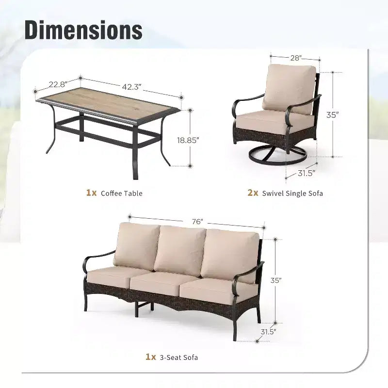 Ensemble de conversation d'extérieur 4 pièces extra large en métal et rotin Captiva Designs avec fauteuils pivotants