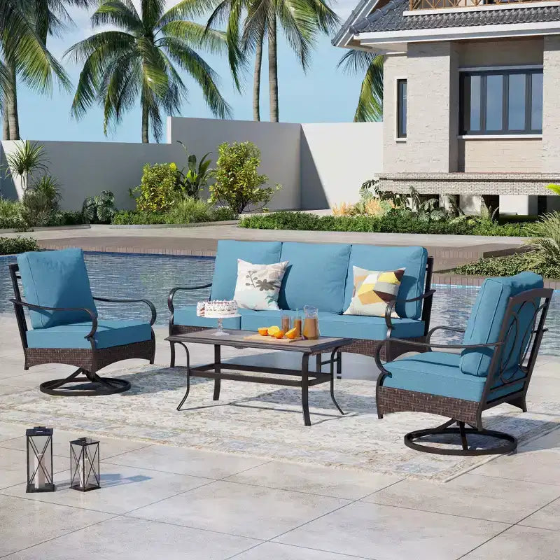 Ensemble de conversation d'extérieur 4 pièces extra large en métal et rotin Captiva Designs avec fauteuils pivotants