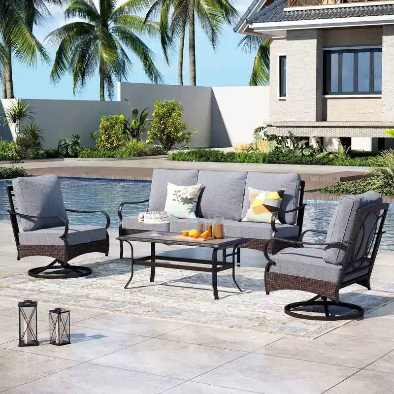 Ensemble de conversation d'extérieur 4 pièces extra large en métal et rotin Captiva Designs avec fauteuils pivotants