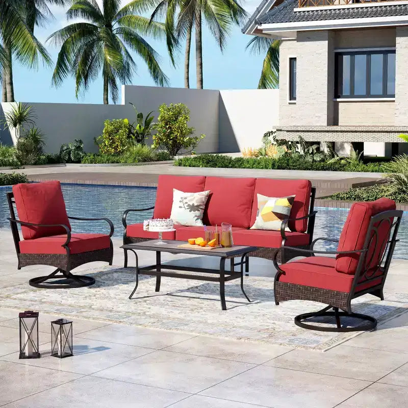 Ensemble de conversation d'extérieur 4 pièces extra large en métal et rotin Captiva Designs avec fauteuils pivotants