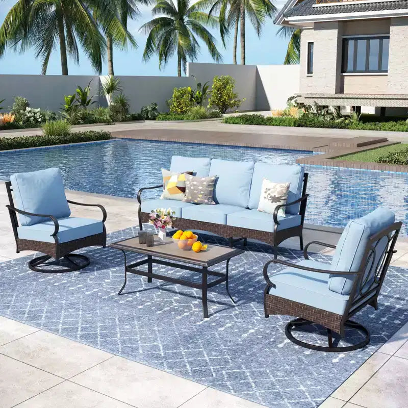 Ensemble de conversation d'extérieur 4 pièces extra large en métal et rotin Captiva Designs avec fauteuils pivotants