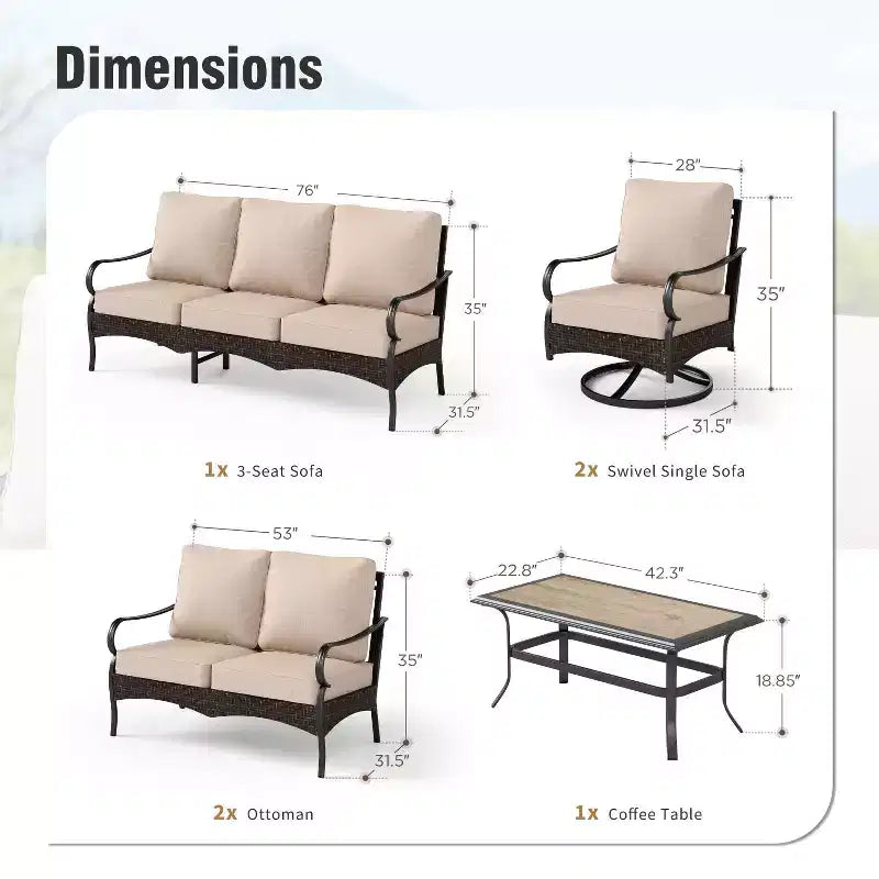 Captiva Designs Ensemble de conversation extérieur 5 pièces en métal et rotin extra large avec fauteuils pivotants et causeuse
