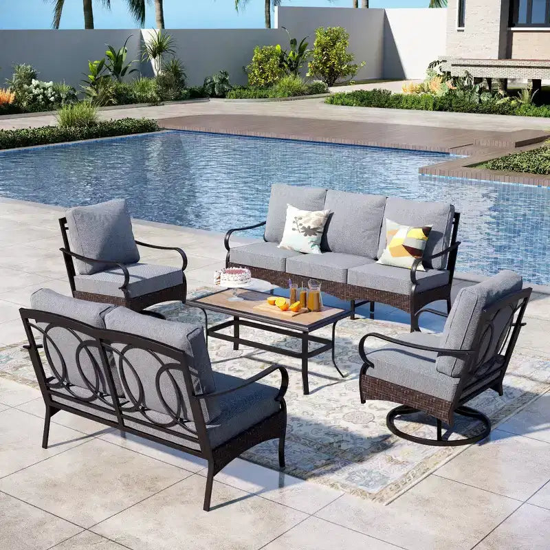 Captiva Designs Ensemble de conversation extérieur 5 pièces en métal et rotin extra large avec fauteuils pivotants et causeuse