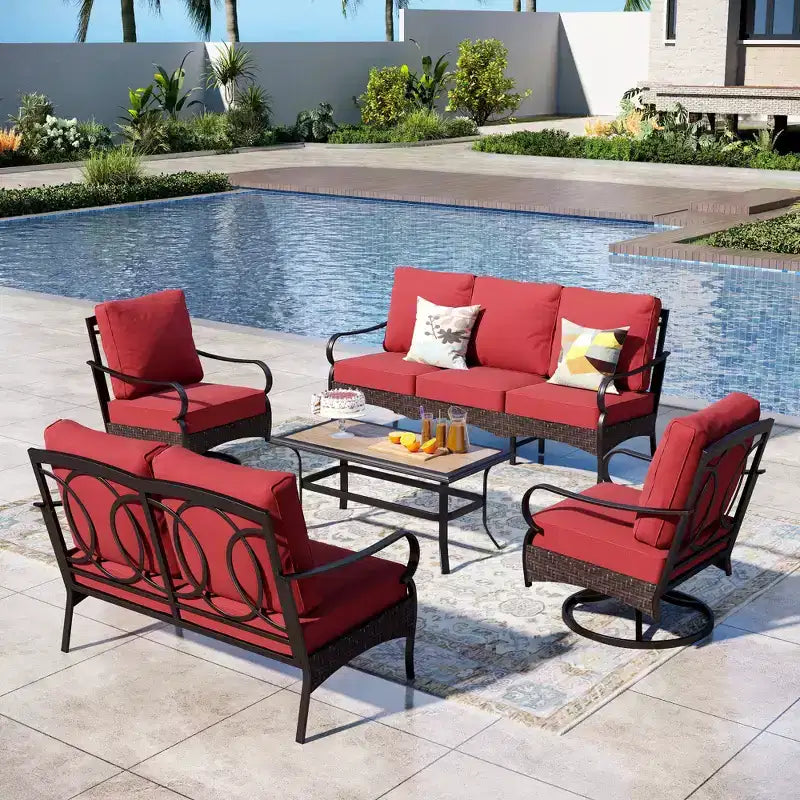 Captiva Designs Ensemble de conversation extérieur 5 pièces en métal et rotin extra large avec fauteuils pivotants et causeuse