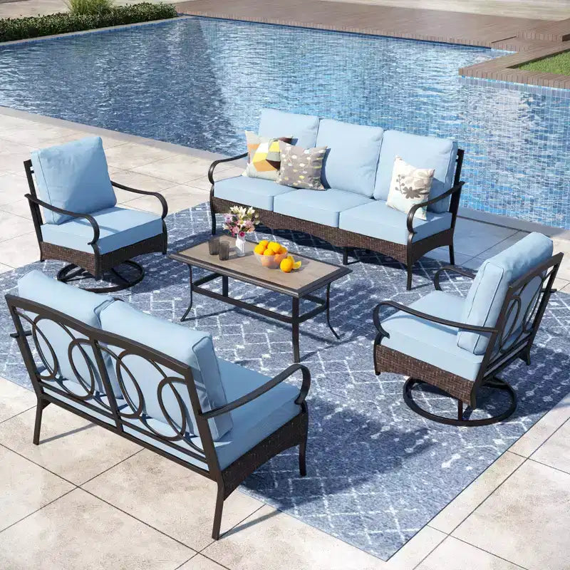 Captiva Designs Ensemble de conversation extérieur 5 pièces en métal et rotin extra large avec fauteuils pivotants et causeuse