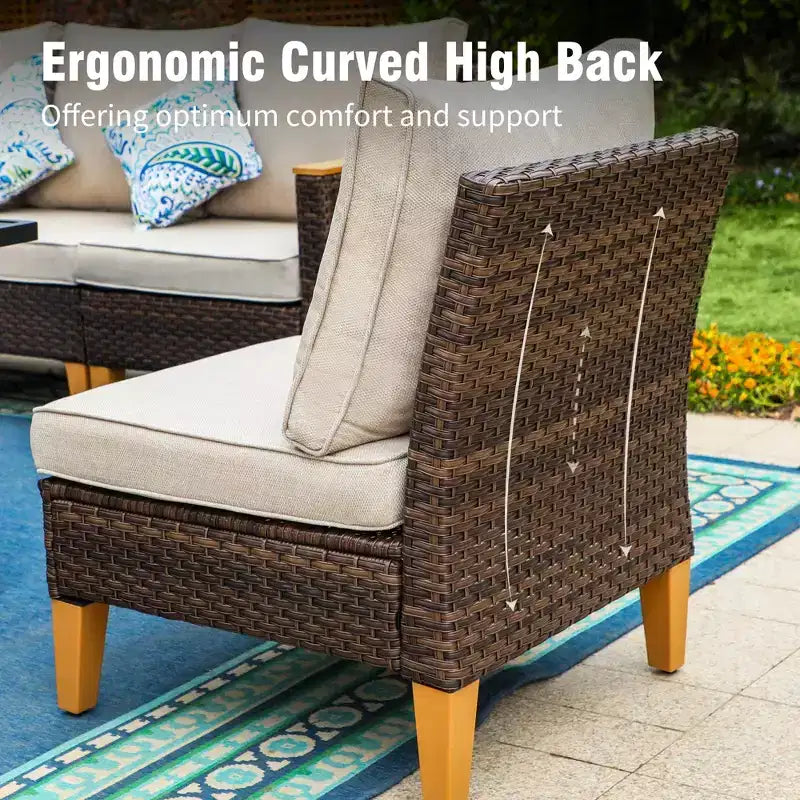 Captiva Designs Salon de conversation sectionnel en rotin tressé 8 pièces pour terrasse extérieure avec table brasero et pouf rembourré